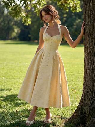 Jacquard Halter Neckline Bowknot Draped Flared Maxi Dress