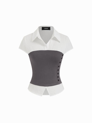 Two-Tone Mock Bustier Collared Short Sleeve Shirt