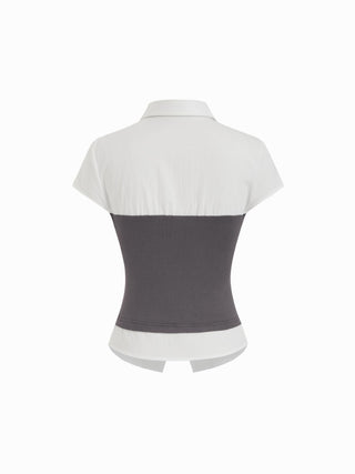 Two-Tone Mock Bustier Collared Short Sleeve Shirt