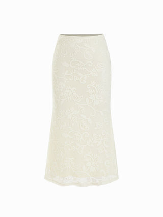 Lace Floral Lace up Backless Top & Cotton-blend Low Rise Midi Skirt Set