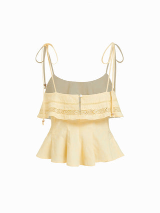 Cotton Jacquard Broderie Anglaise Scoop Neck Knotted Ruffle Peplum Cami Blouse