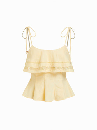 Cotton Jacquard Broderie Anglaise Scoop Neck Knotted Ruffle Peplum Cami Blouse