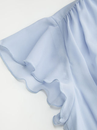 Chiffon V-neck Ruffle Sleeve Lace Detail Draped Flared Maxi Dress