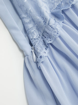 Chiffon V-neck Ruffle Sleeve Lace Detail Draped Flared Maxi Dress