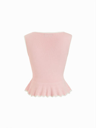Knit Boat Neck Colorblock Ruffled Hem Metal Button Vest
