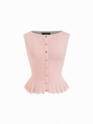 Knit Boat Neck Colorblock Ruffled Hem Metal Button Vest