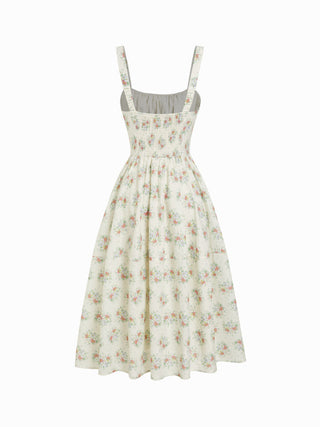 Floral Square Neck Bowknot Ruched Flared Maxi Tank Dress