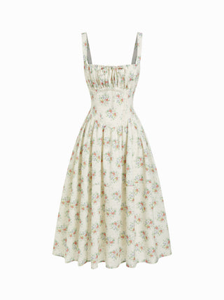 Floral Square Neck Bowknot Ruched Flared Maxi Tank Dress