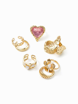 8PCS FLOWER & HEART & TEXTURED RING SET