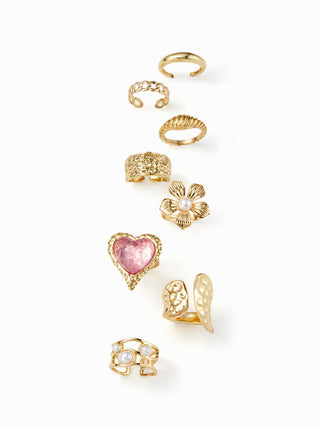 8PCS FLOWER & HEART & TEXTURED RING SET