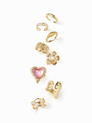 8PCS FLOWER & HEART & TEXTURED RING SET
