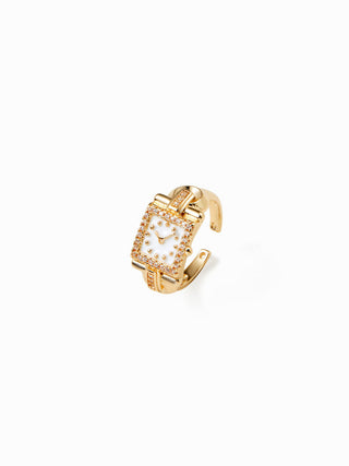 CLOCK & RHINESTONE OPEN RING