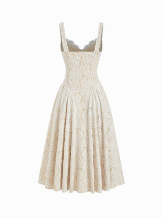 Cotton-blend Textured Lace Sweetheart Neck Flared Midi Dress