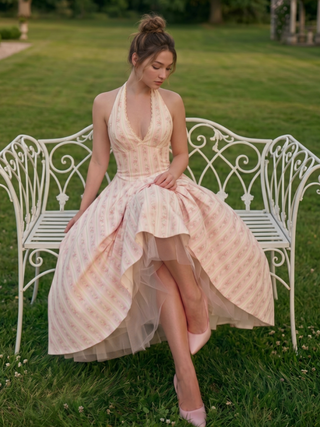 Halter Neckline Floral Lace Up Backless Maxi Dress