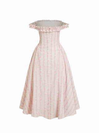 Floral Off-shoulder Ruffle Sleeve Bowknot Flared Midi Dress