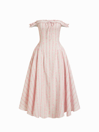 Floral Off-shoulder Ruffle Sleeve Bowknot Flared Midi Dress