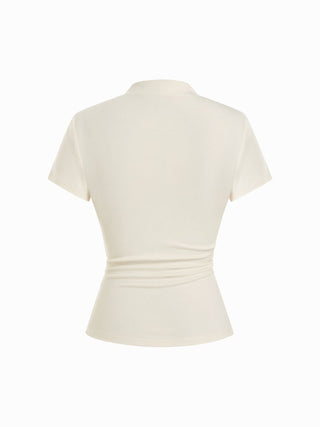 Stand Collar Drawstring Ruched Short Sleeve Top