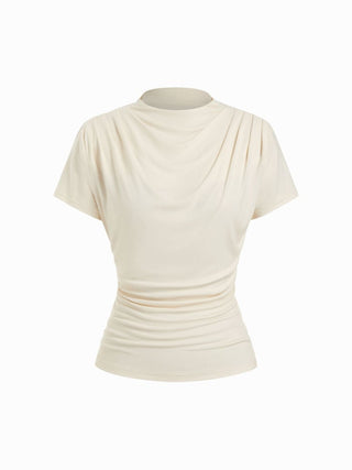 Stand Collar Drawstring Ruched Short Sleeve Top