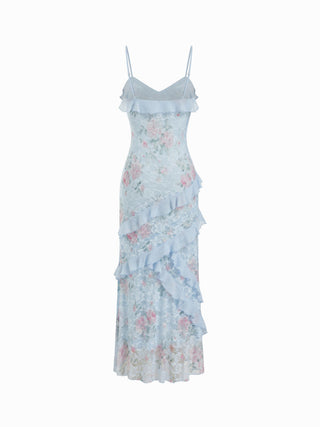 Lace V-neck Floral Ruffle Maxi Dress
