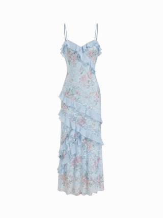 Lace V-neck Floral Ruffle Maxi Dress
