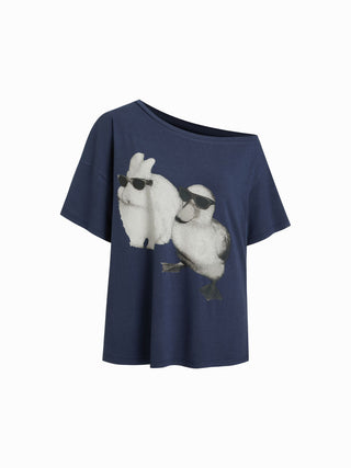Asymmetrical Neck Rabbit & Duck Graphic Tee