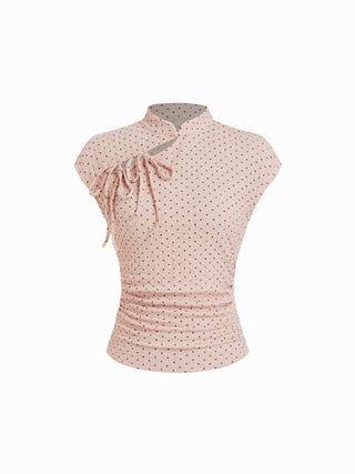 Polka Dot Mandarin Collar Short Sleeve Knotted Ruched Top