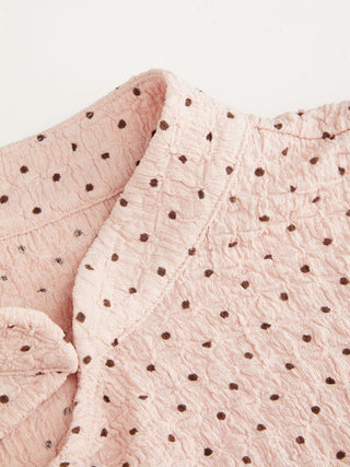 Polka Dot Mandarin Collar Short Sleeve Knotted Ruched Top