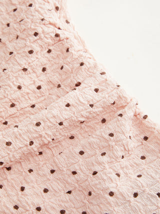 Polka Dot Mandarin Collar Short Sleeve Knotted Ruched Top