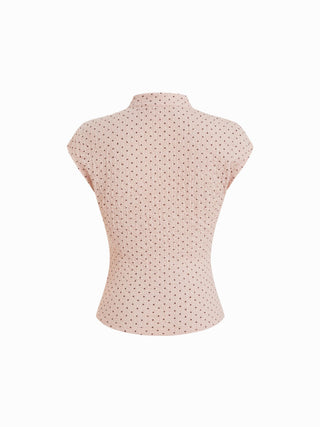 Polka Dot Mandarin Collar Short Sleeve Knotted Ruched Top