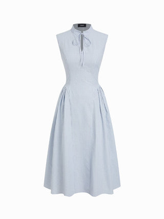 Cotton-blend Gingham Stand Collar Tie Neck Shirt Midi Dress