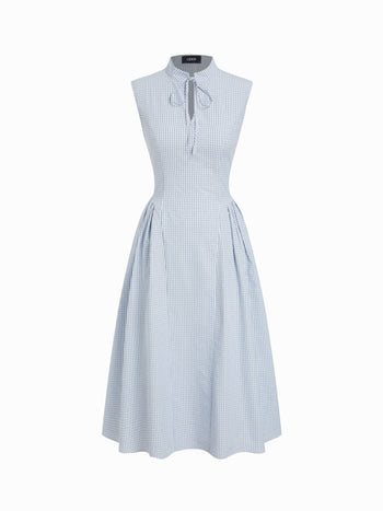 Cotton-blend Gingham Stand Collar Tie Neck Shirt Midi Dress