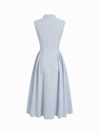 Cotton-blend Gingham Stand Collar Tie Neck Shirt Midi Dress