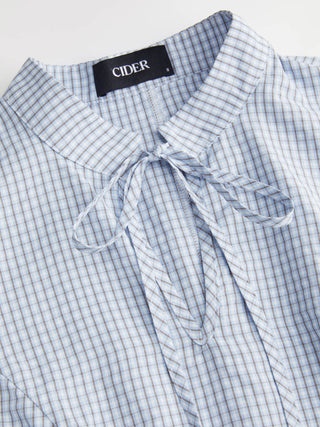 Cotton-blend Gingham Stand Collar Tie Neck Shirt Midi Dress