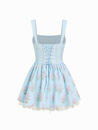 Linen-blend Floral Broderie Anglaise Trim Layered Lace Up Mini Dress