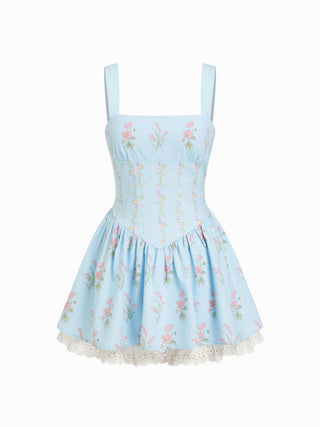 Linen-blend Floral Broderie Anglaise Trim Layered Lace Up Mini Dress
