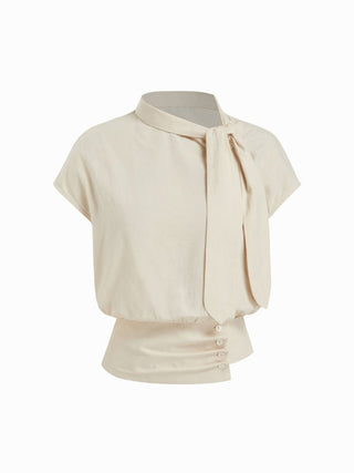 Linen-blend Striped High Neck Knotted Blouse With Scarf