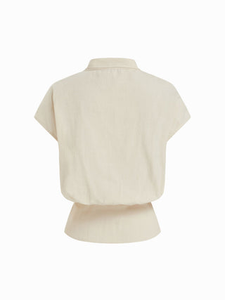 Linen-blend Striped High Neck Knotted Blouse With Scarf