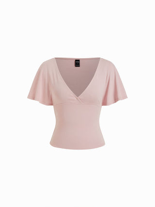 Cotton-blend V-neck Surplice Bell Sleeve Top
