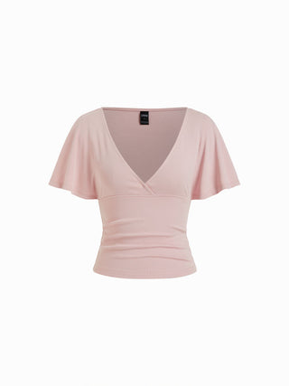 Cotton-blend V-neck Surplice Bell Sleeve Top