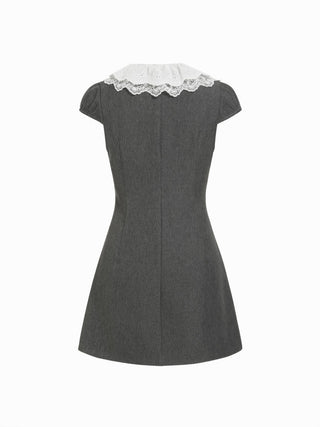 Lace Peter Pan Collar Puff Sleeve Metal Detail A-line Mini Dress
