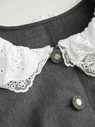 Lace Peter Pan Collar Puff Sleeve Metal Detail A-line Mini Dress