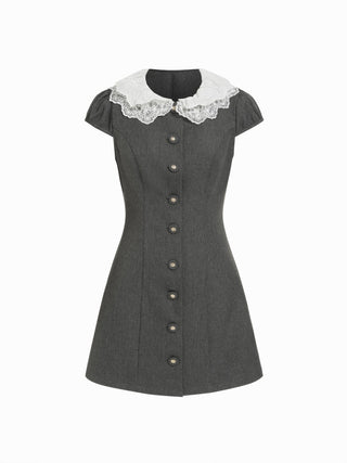 Lace Peter Pan Collar Puff Sleeve Metal Detail A-line Mini Dress