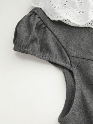 Lace Peter Pan Collar Puff Sleeve Metal Detail A-line Mini Dress