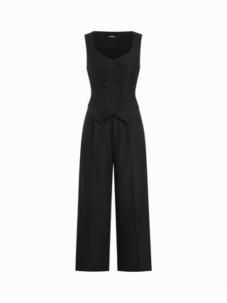 Square Neck Button Detail Mid Rise Straight Leg Jumpsuit