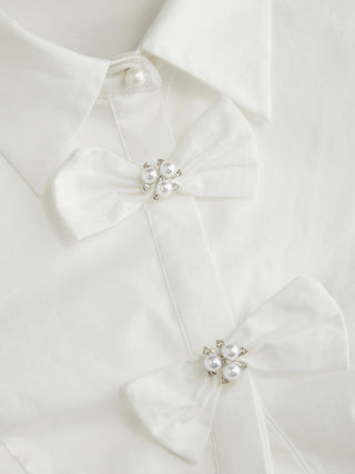 Cotton-blend Short Sleeve Pearl Detail Bowknot Blouse