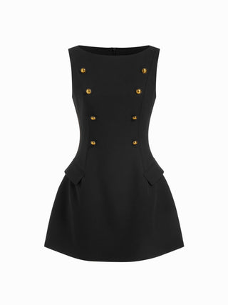 Boat Neck Metal Detail A-line Mini Dress