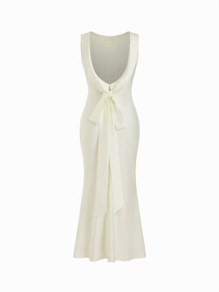 Satin Boat Neck Backless Bowknot Mermaid Maxi Dress