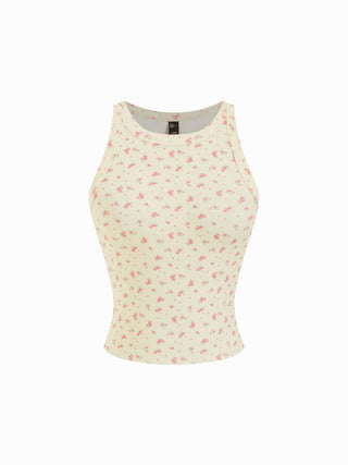 Cotton-blend Floral Scoop Neck Crop Tank Top