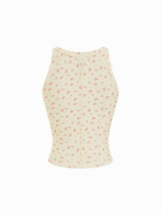 Cotton-blend Floral Scoop Neck Crop Tank Top
