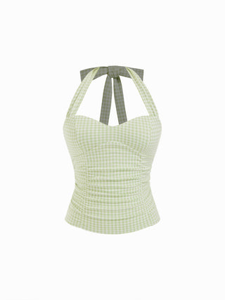 Cotton Polka Dot Halter Neck Ruched Tie Back Top
